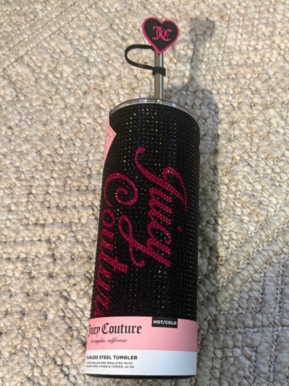 NWT Juicy Couture Black Rhinestone 24oz stainless steel tumbler w straw & topper